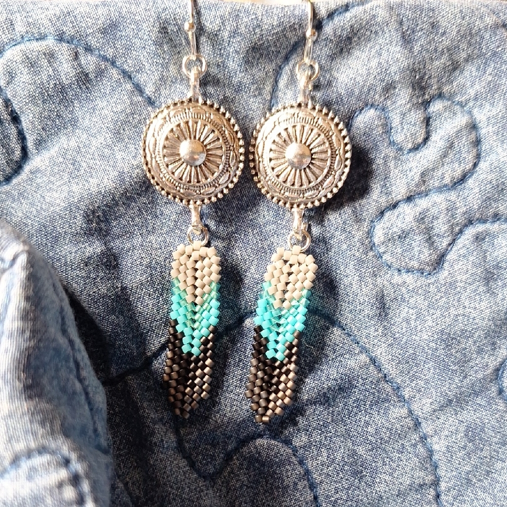 Handcrafted Silver-Tone Turquoise Beaded Dangle Earrings